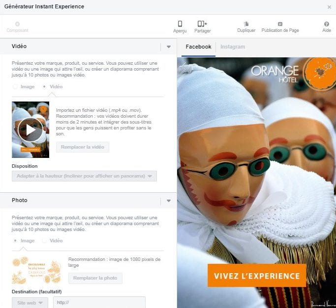Instant Expérience Facebook