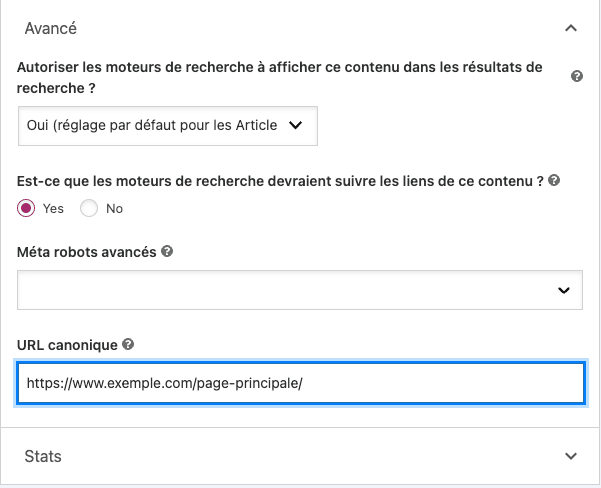 image de l'interface de yoast SEO pour les url canoniques