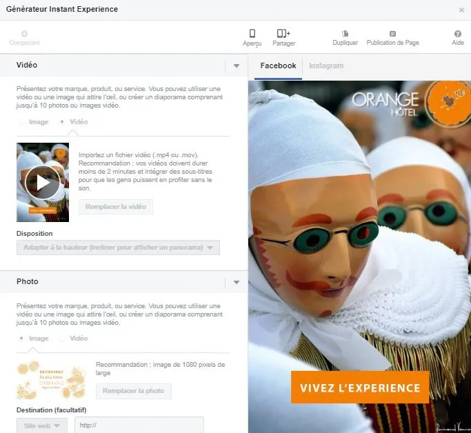 Instant Expérience Facebook