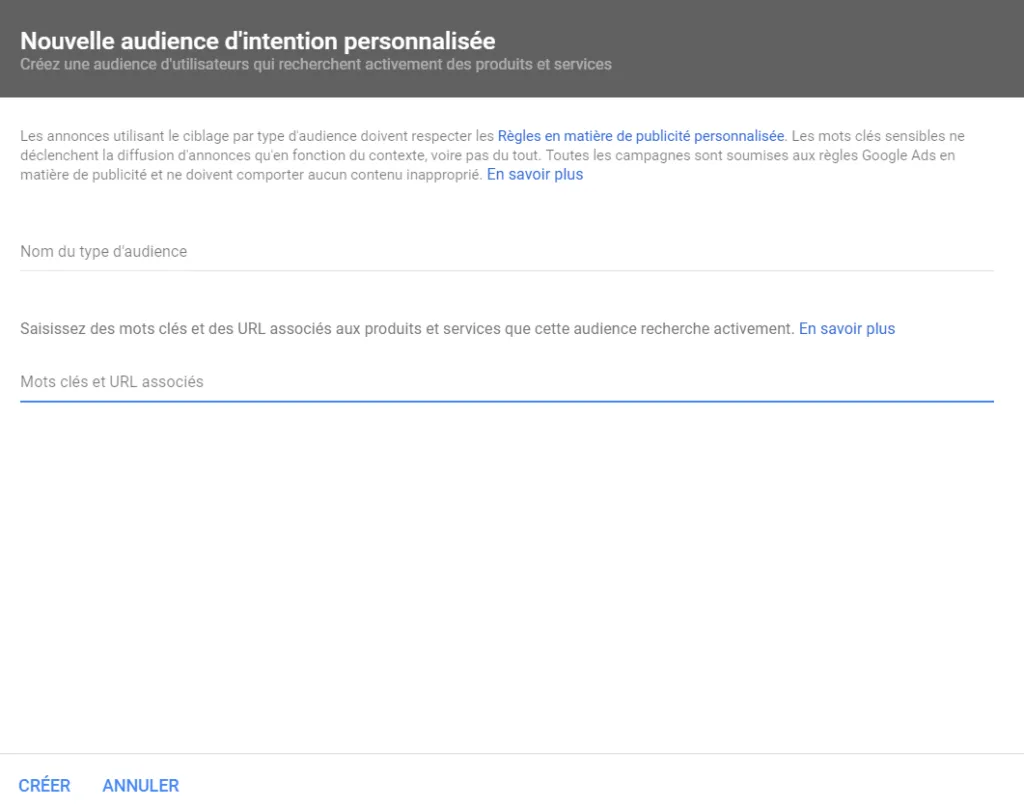 Nouvelle audience d'intention personnalisée