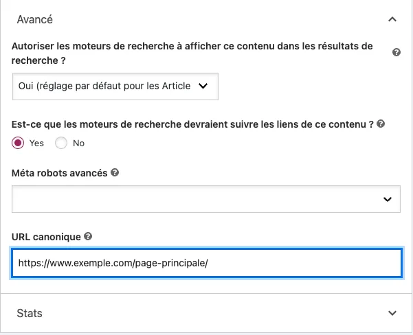 image de l'interface de yoast SEO pour les url canoniques