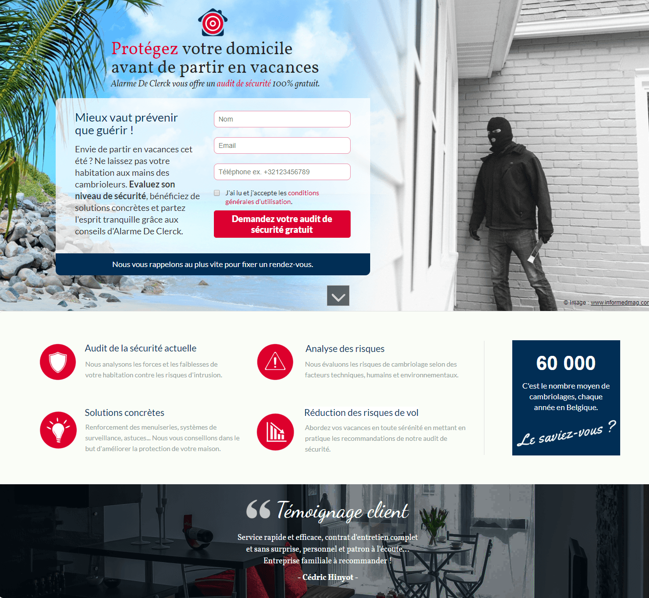 Landing page d'Alarme De Clerck